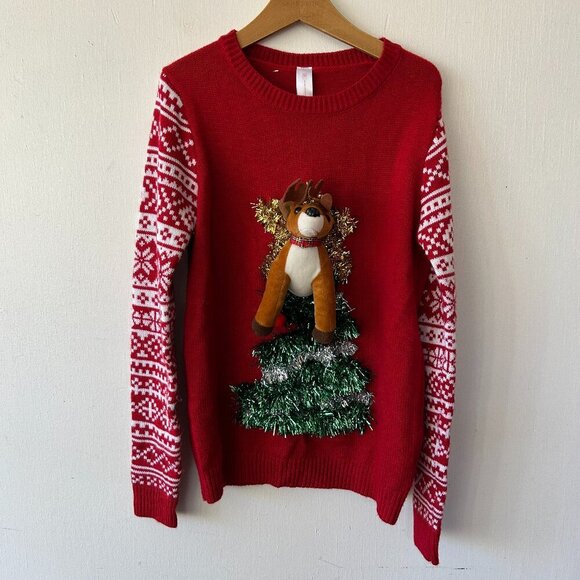 No Boundaries Ugly Christmas Sweater Kids Medium 3D Reindeer Red Knit - Picture 1 of 5